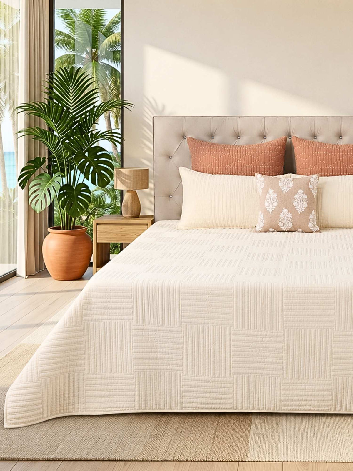 Linear Stripe Pattern Embroidered Quilted Bedspread with 2 Pillow Covers