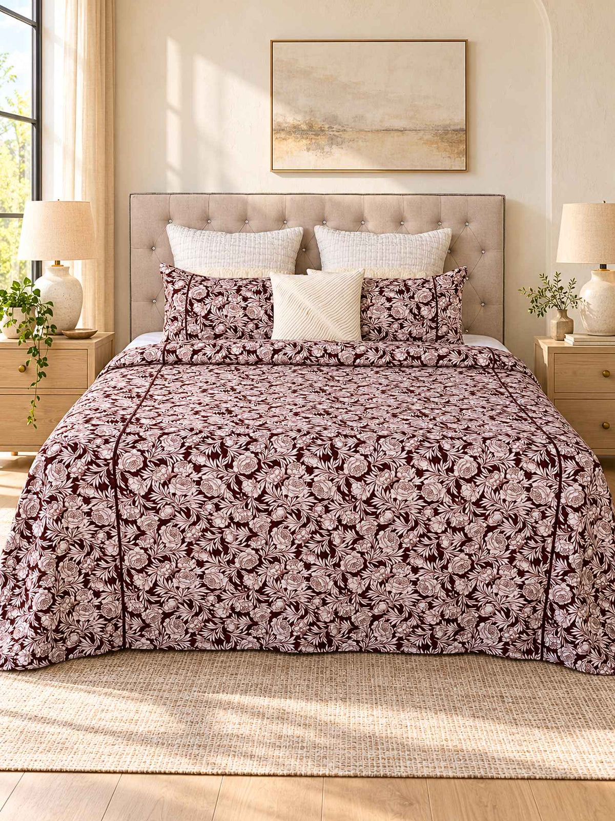 Palm Haven Cotton Thick & Thin Botanical Bed Cover – Brown
