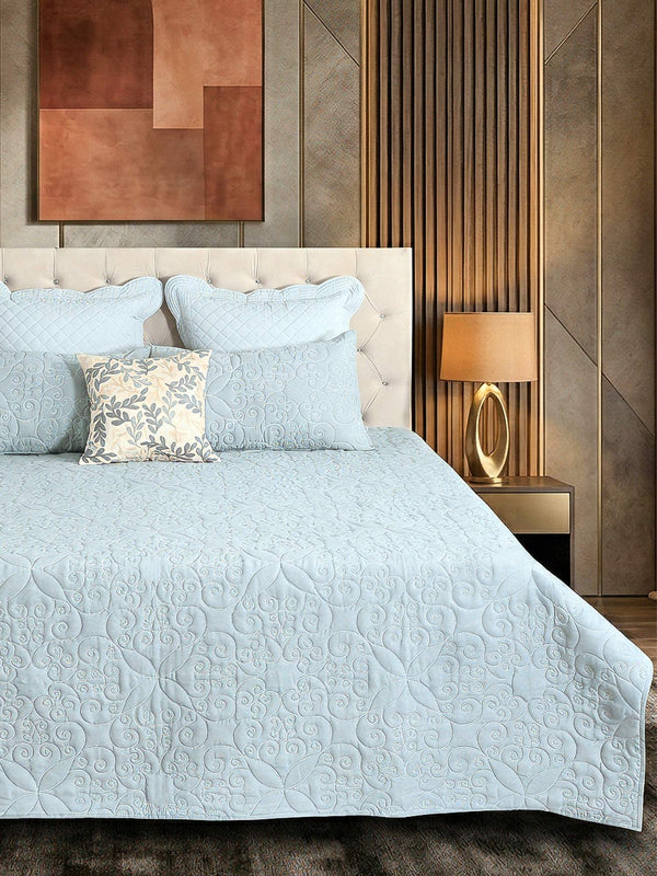 Blue Cotton Linen Geometrical Embroidered Bedspread Set with 2 Pillow Covers