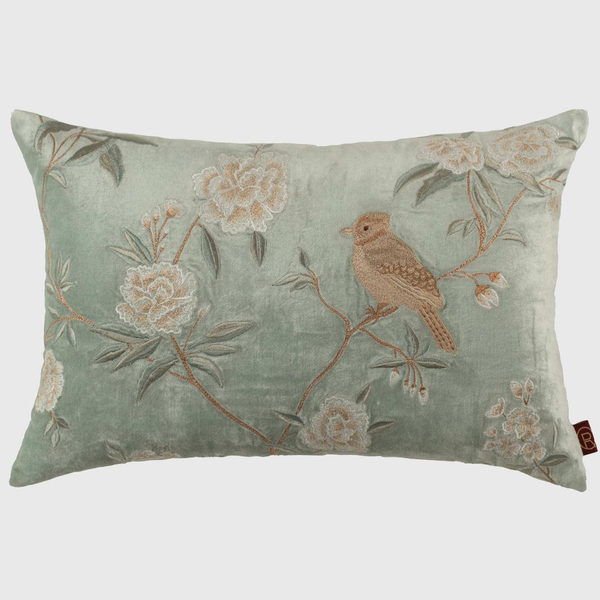 Bird with Botanicals Embroidered Cushion Cover - 12x20 Inch
