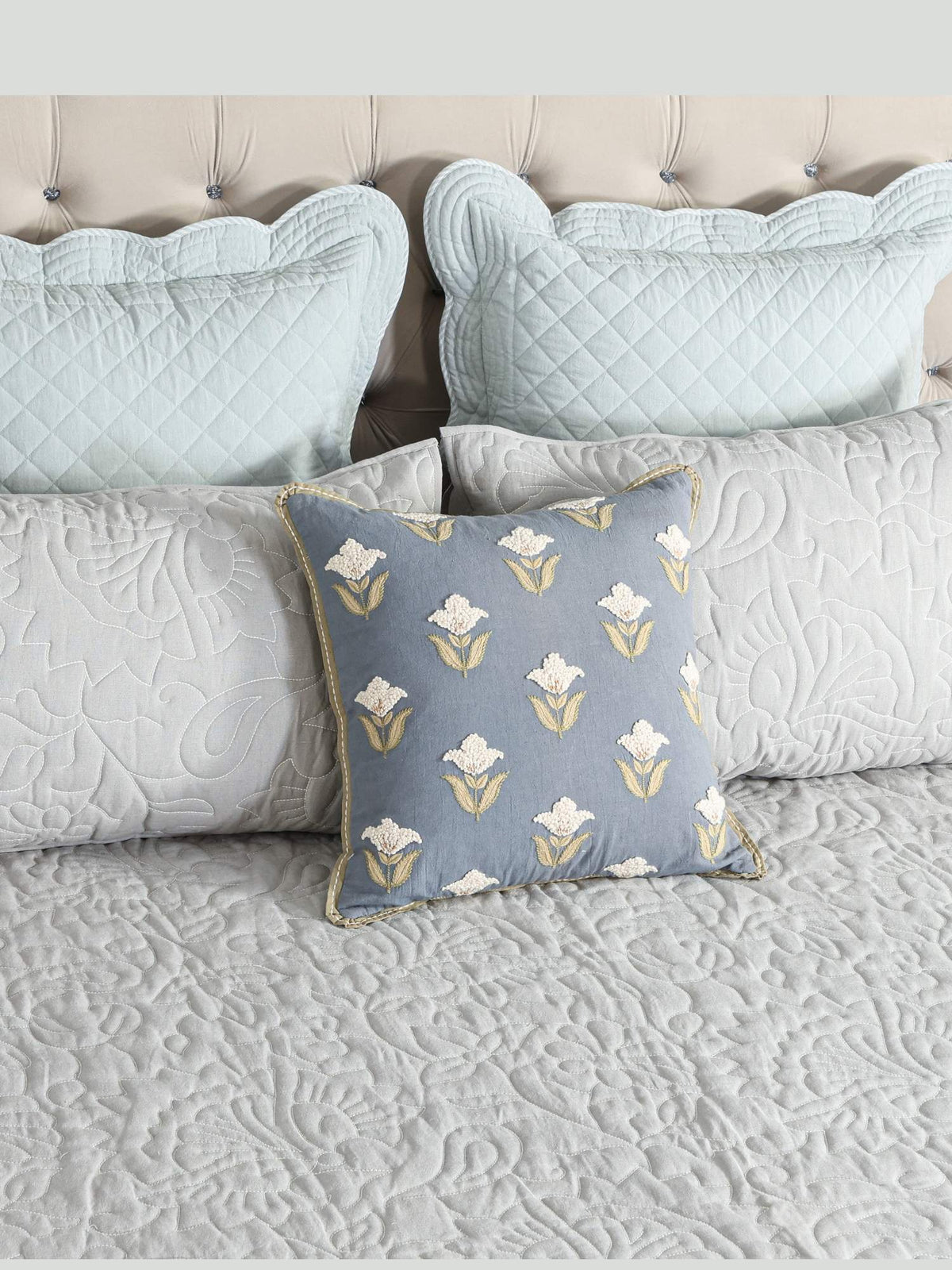 Elara Linen Embroidered Quilt Set – Heritage Grey with 2 Pillow Covers