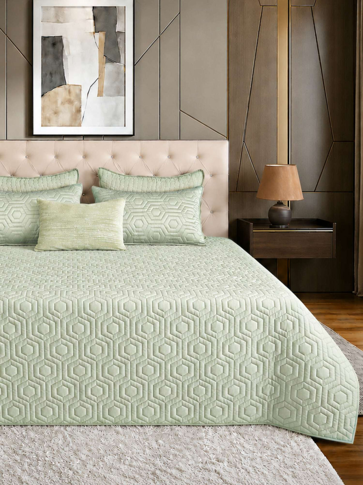 Sage Green Faux Silk Embroidered Bedspread with 2 Pillow Covers