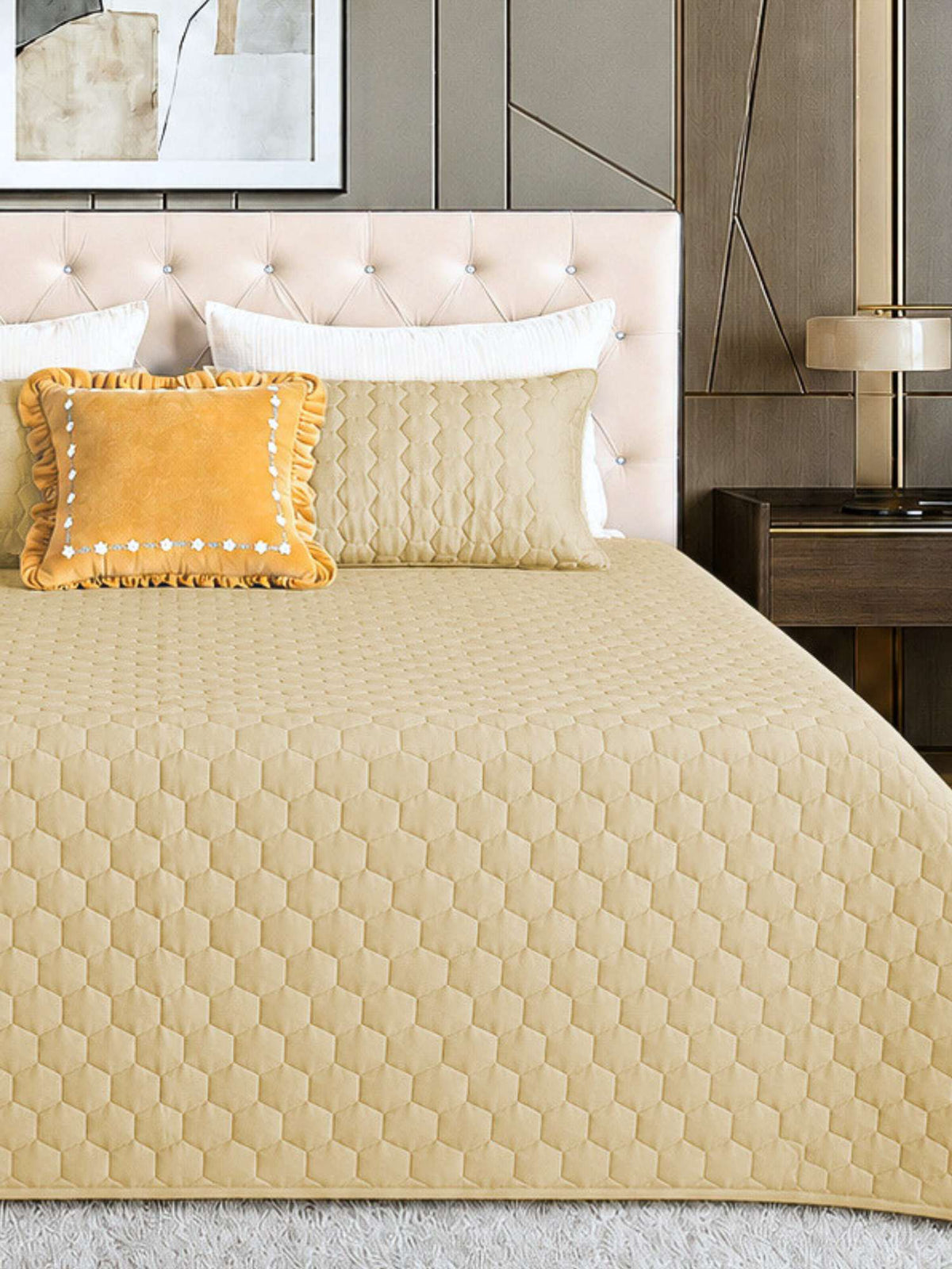 Golden Mist Hexagon Faux Silk Embroidered Bedspread with 2 Pillow Covers