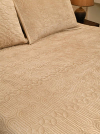 Elan Beige Velvet Quilted Embroidered Bedspread with 2 Pillow Covers