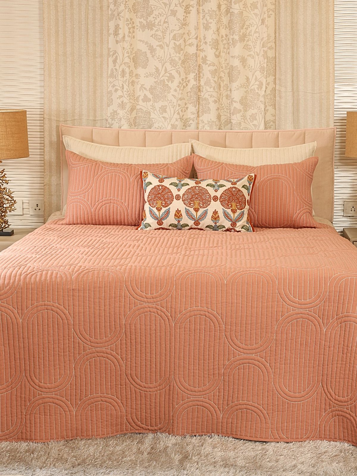 Cotton Linen Geometric Embroidered Quilted Bedspread Set with 2 Pillow Covers