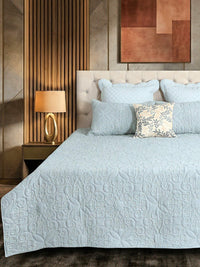 Blue Cotton Linen Geometrical Embroidered Bedspread Set with 2 Pillow Covers