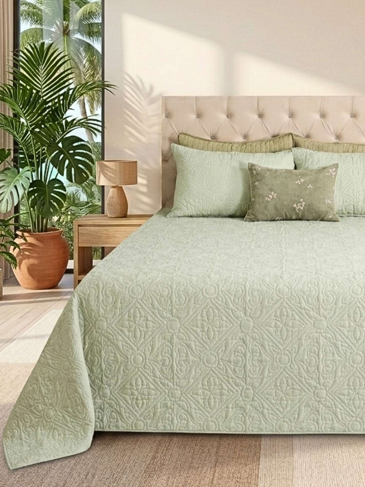 Elysian Cotton Linen Geometrical Embroidered Quilt Bedspread with 2 Pillow Covers