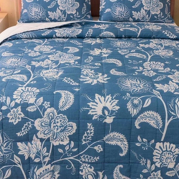 Blush Rose Midnight Azure Floral Kids Quilt with 2 Pillow Cover