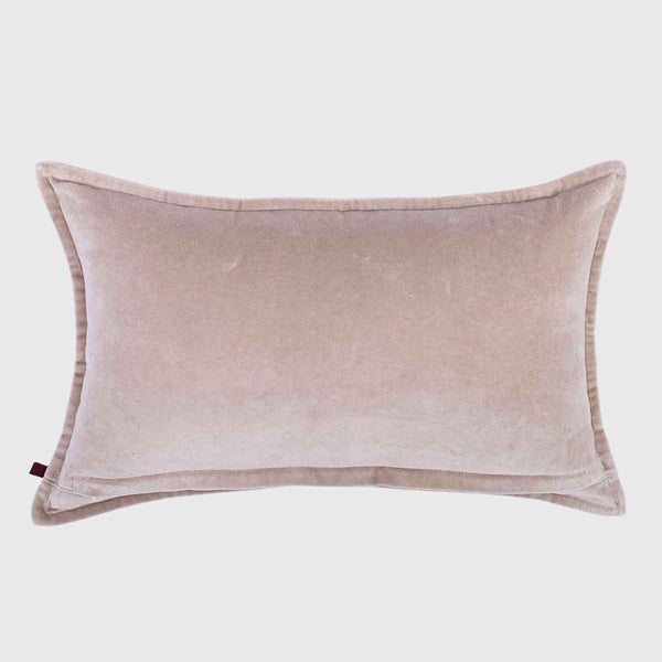 Beige Cotton Velvet Lumbar Cushion Cover with Flange Border - 12x18 Inch