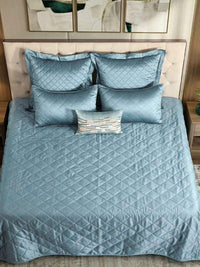 Imperial Blue Faux Silk Embroidered Bedspread with 2 Pillow Covers