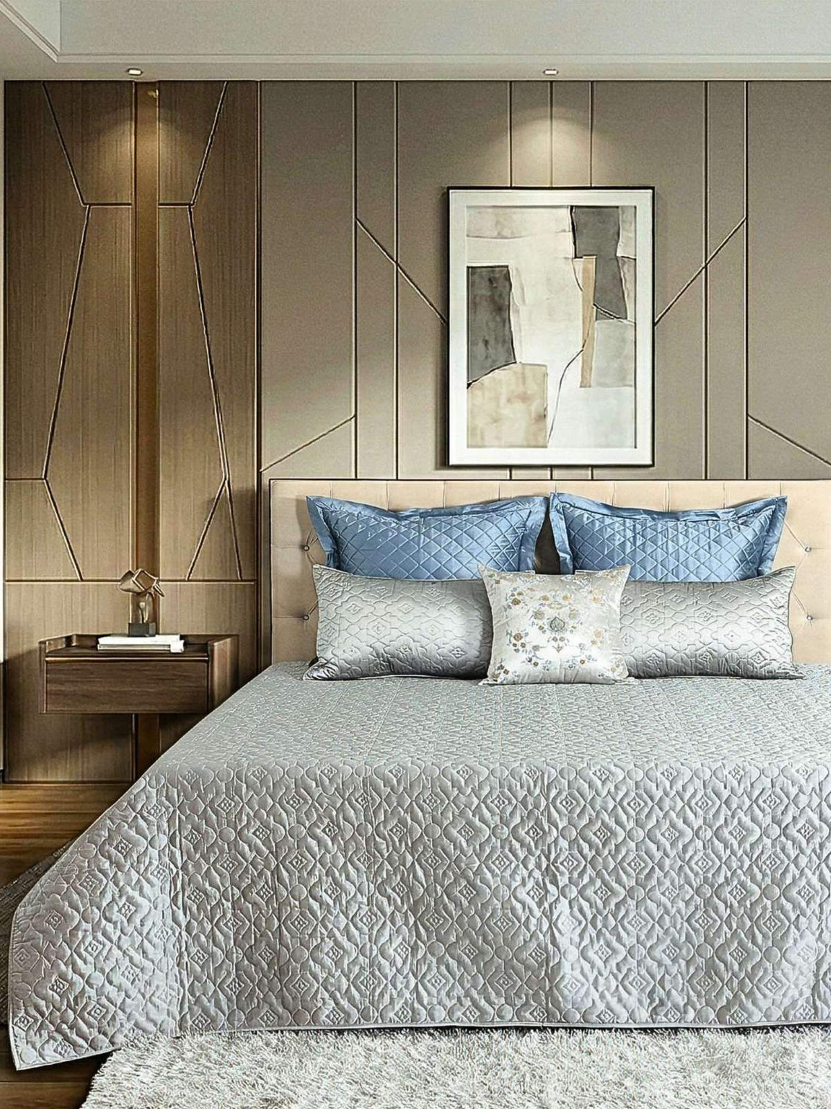 Pearl Grey Faux Silk Embroidered Bedspread with 2 Pillow Covers
