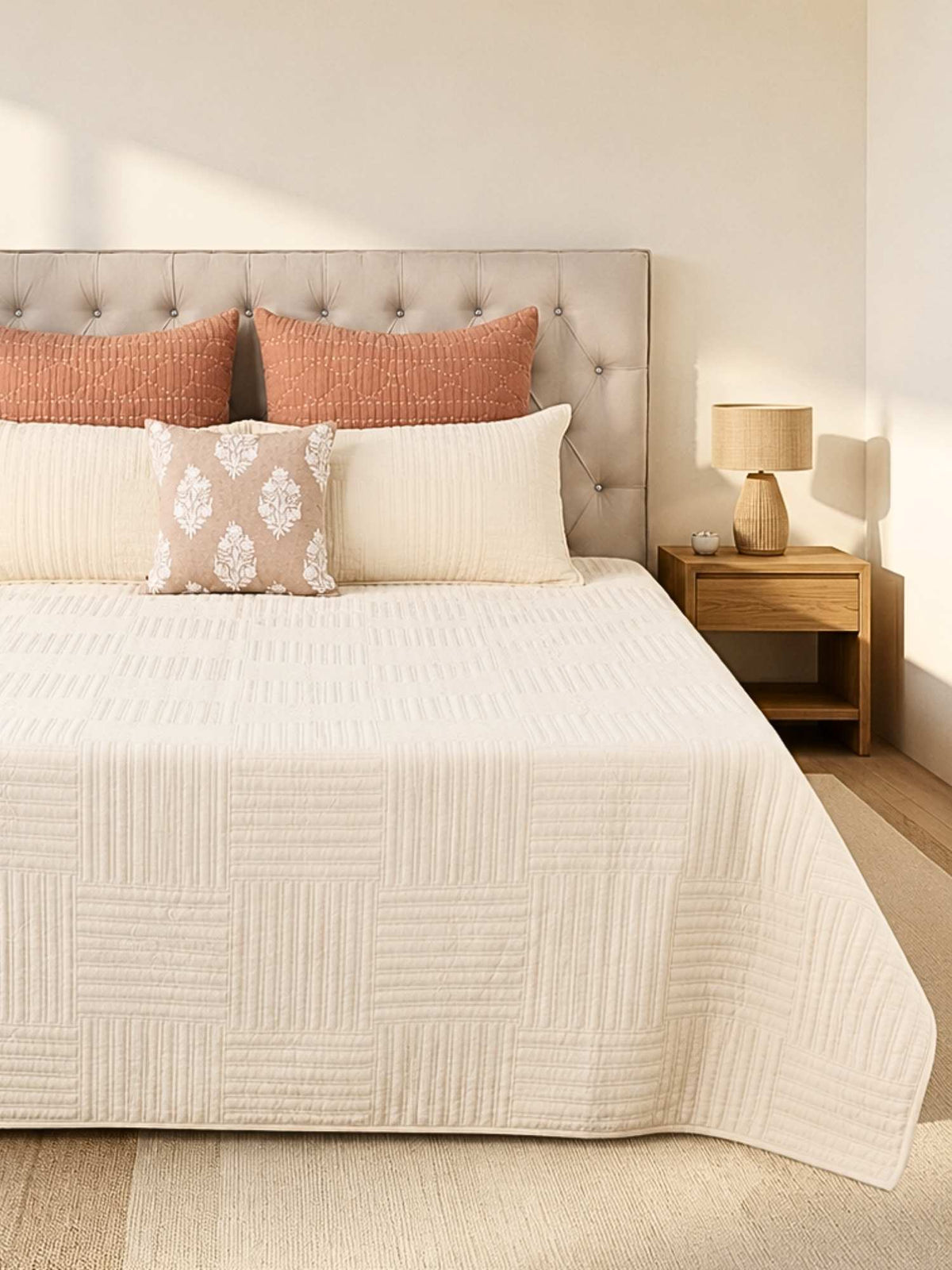 Linear Stripe Pattern Embroidered Quilted Bedspread with 2 Pillow Covers