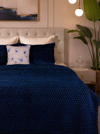 Midnight Stitch | Hand-Quilted & Hand-Embroidered Cotton Velvet Bedspread – Blue
