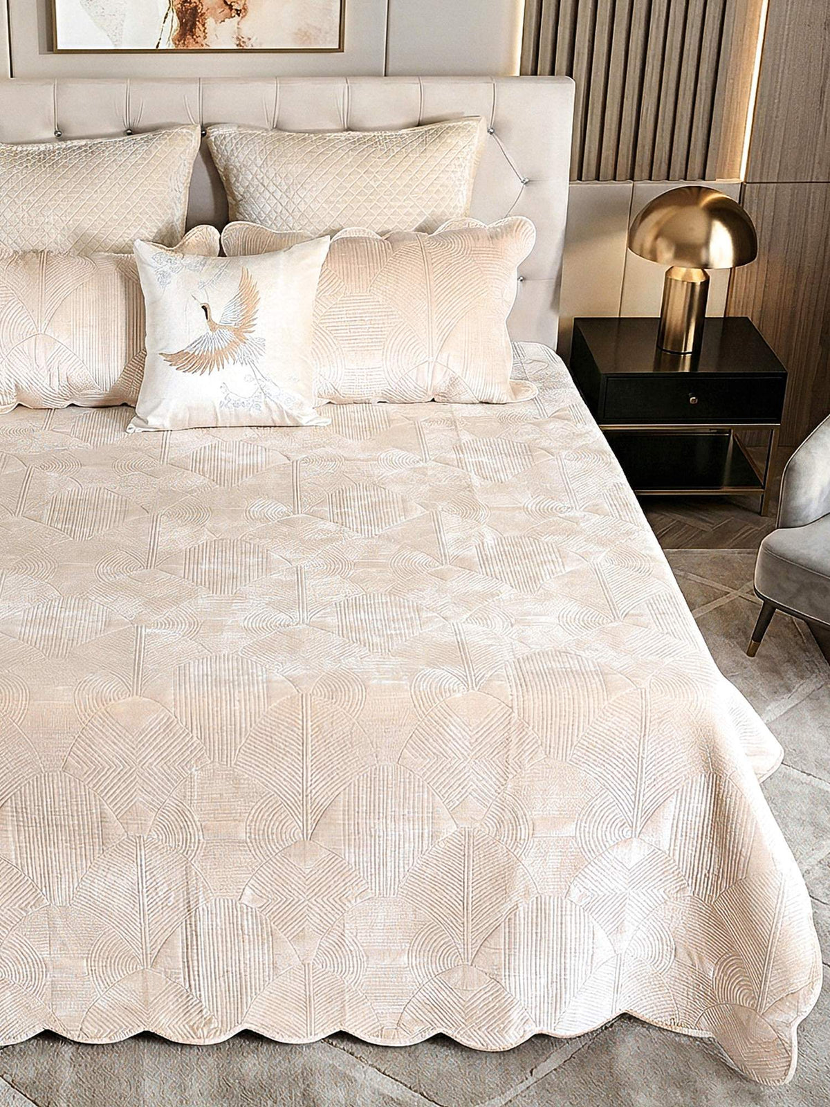 Regal Wave Velvet Quilted Bedspread Set with 2 Pillow Covers