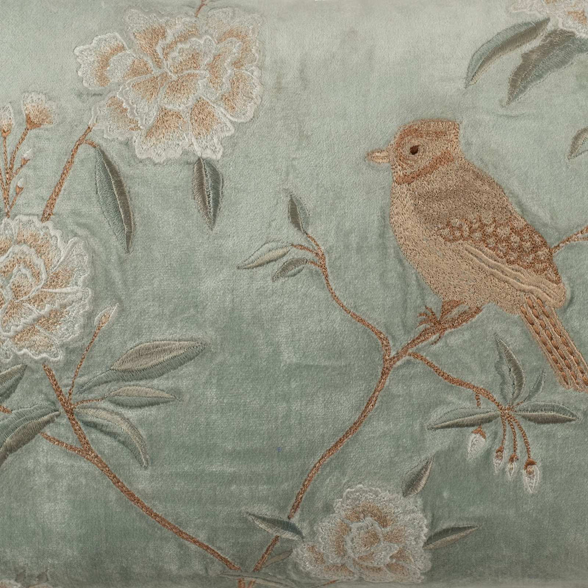 Bird with Botanicals Embroidered Cushion Cover - 12x20 Inch