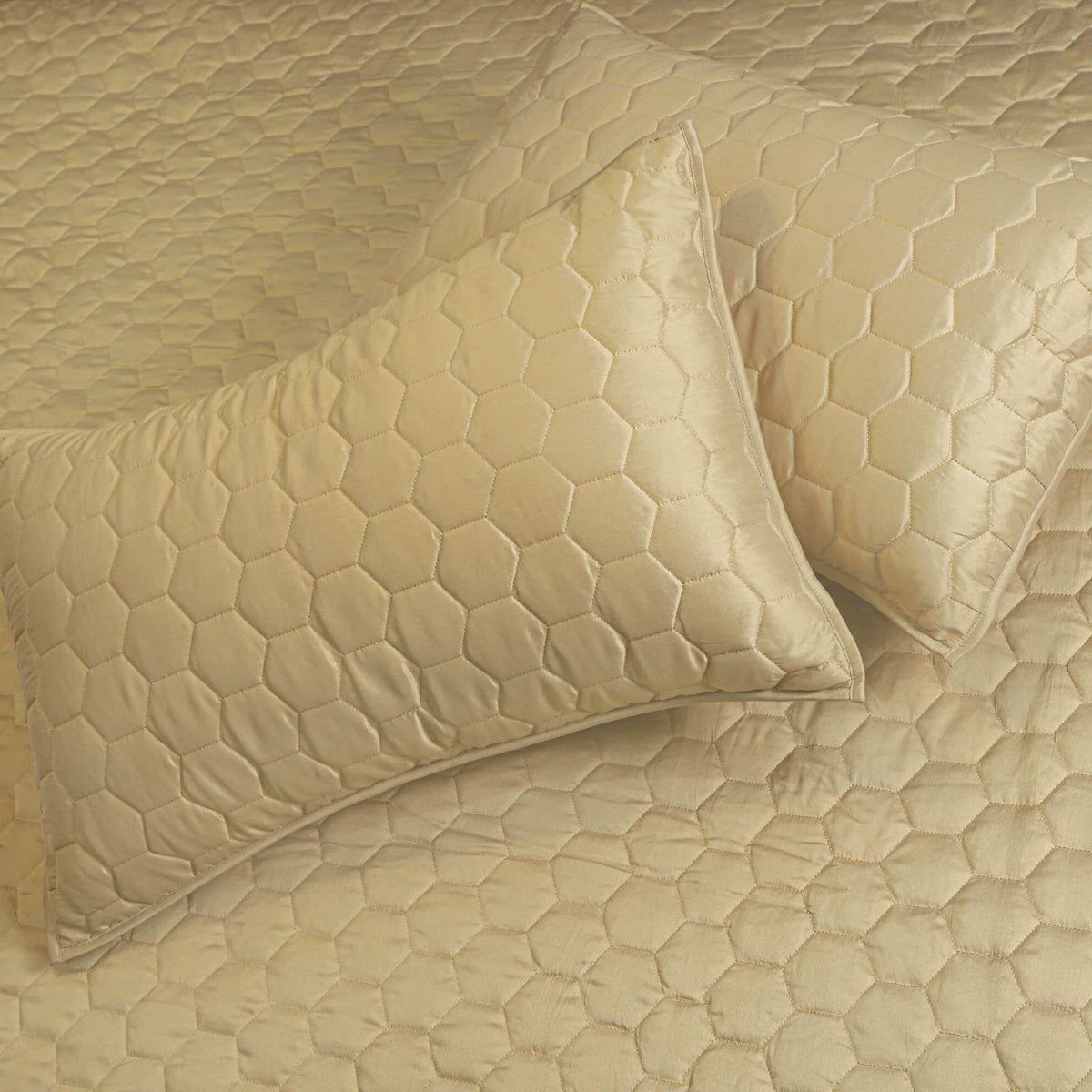 Golden Mist Hexagon Faux Silk Embroidered Bedspread with 2 Pillow Covers