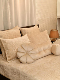 Elan Beige Velvet Quilted Embroidered Bedspread with 2 Pillow Covers