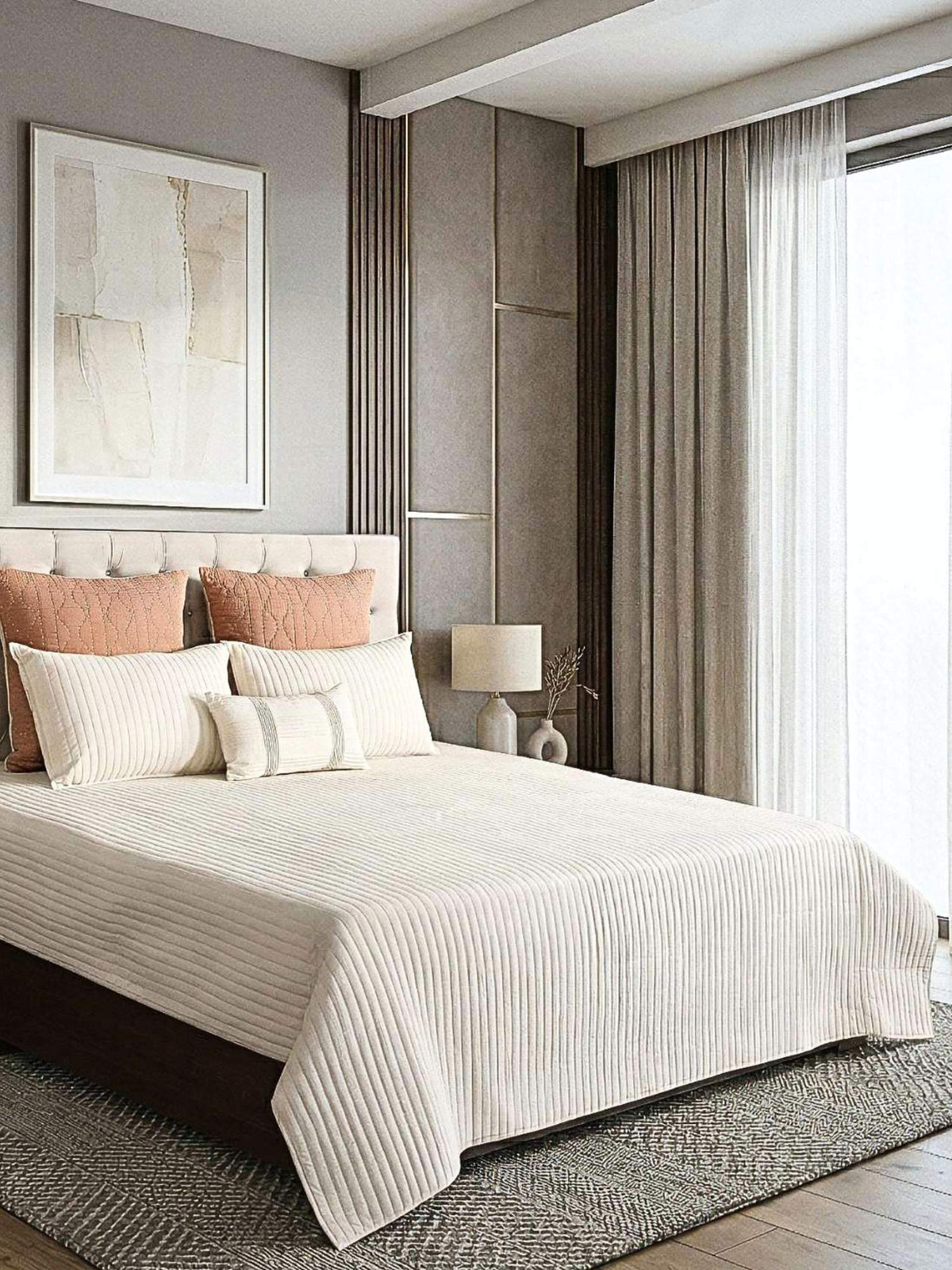 Linear Luxe Cotton Linen Embroidered Bedspread with 2 Pillow Covers
