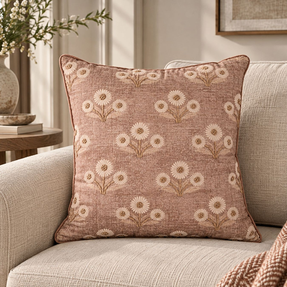 Rosette Embroidered Cushion Cover