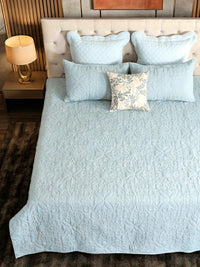 Blue Cotton Linen Geometrical Embroidered Bedspread Set with 2 Pillow Covers