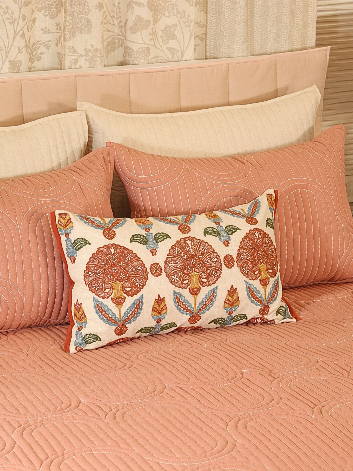 Cotton Linen Geometric Embroidered Quilted Bedspread Set with 2 Pillow Covers