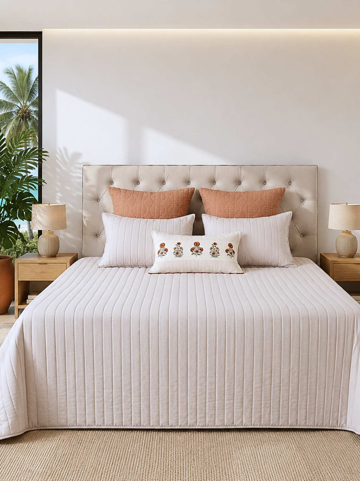 Eterna Beige Embroidered Quilt Bedspread with 2 Pillow Covers