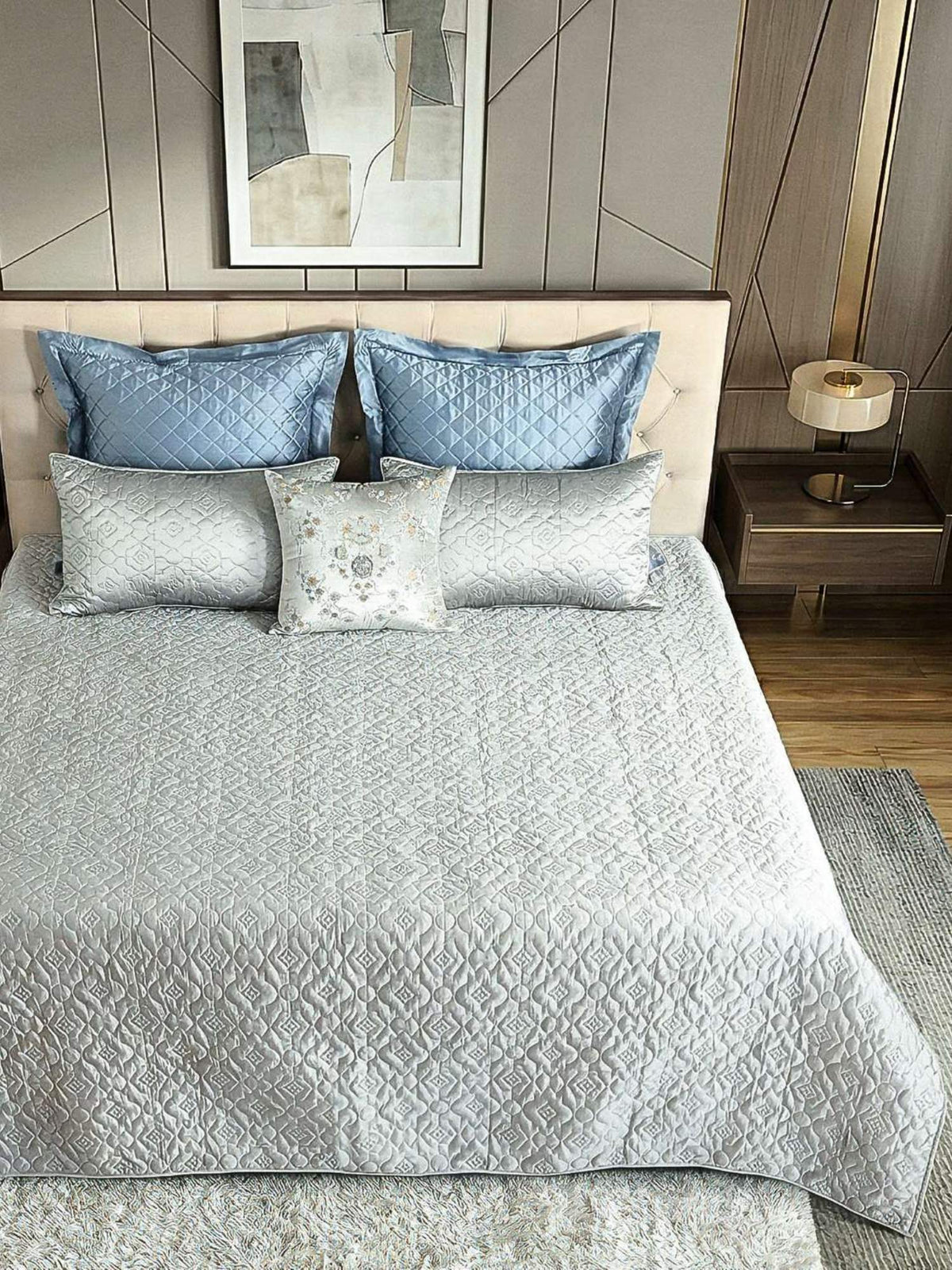 Pearl Grey Faux Silk Embroidered Bedspread with 2 Pillow Covers