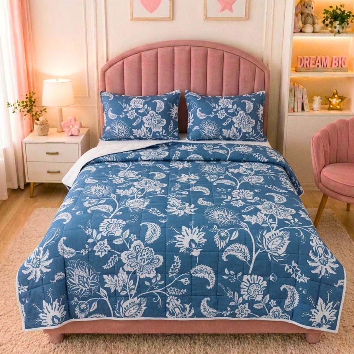Blush Rose Midnight Azure Floral Kids Quilt with 2 Pillow Cover