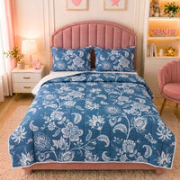 Blush Rose Midnight Azure Floral Kids Quilt with 2 Pillow Cover