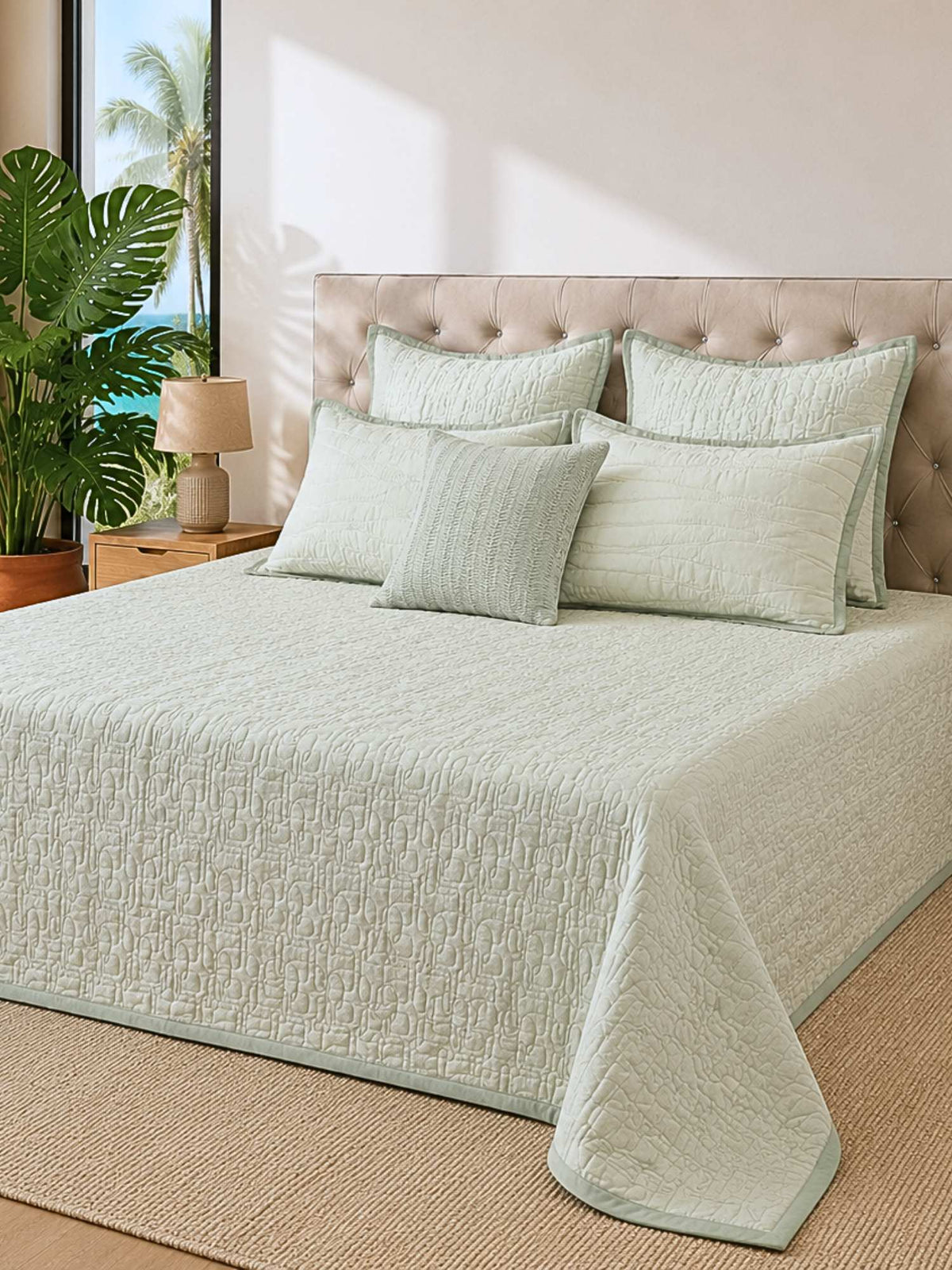 Verdant Royale Velvet Embroidered Bedspread with 2 Pillow Covers