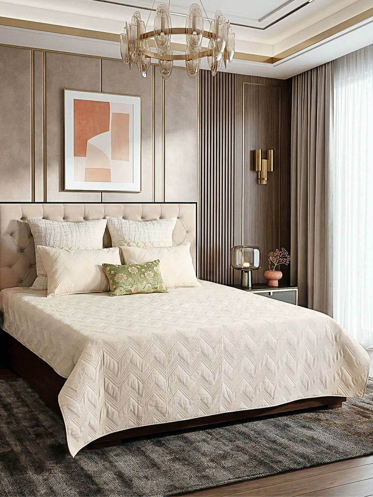 Averra Linen Chevron Embroidered Quilt Set – Natural with 2 Pillow Covers