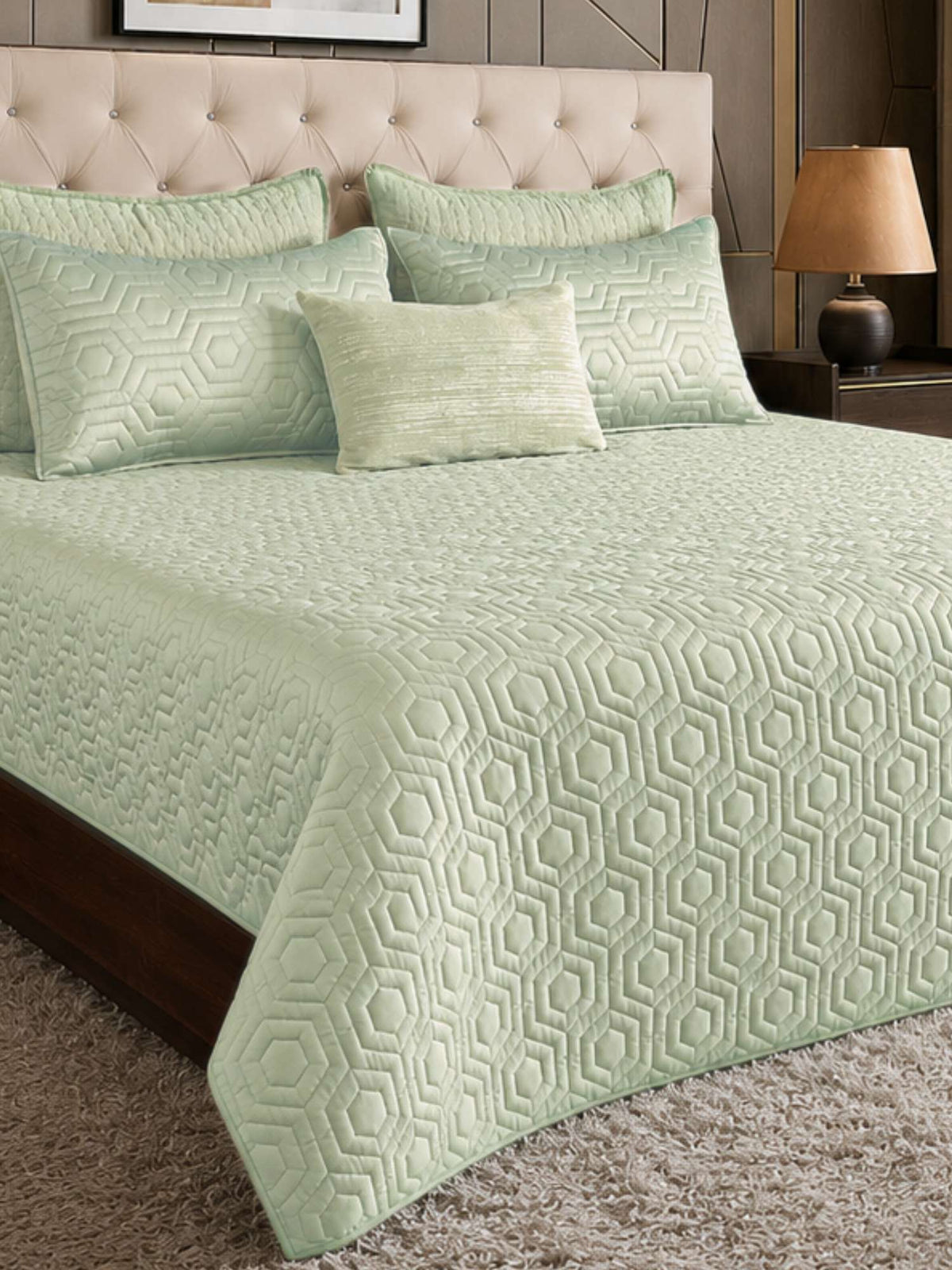 Sage Green Faux Silk Embroidered Bedspread with 2 Pillow Covers