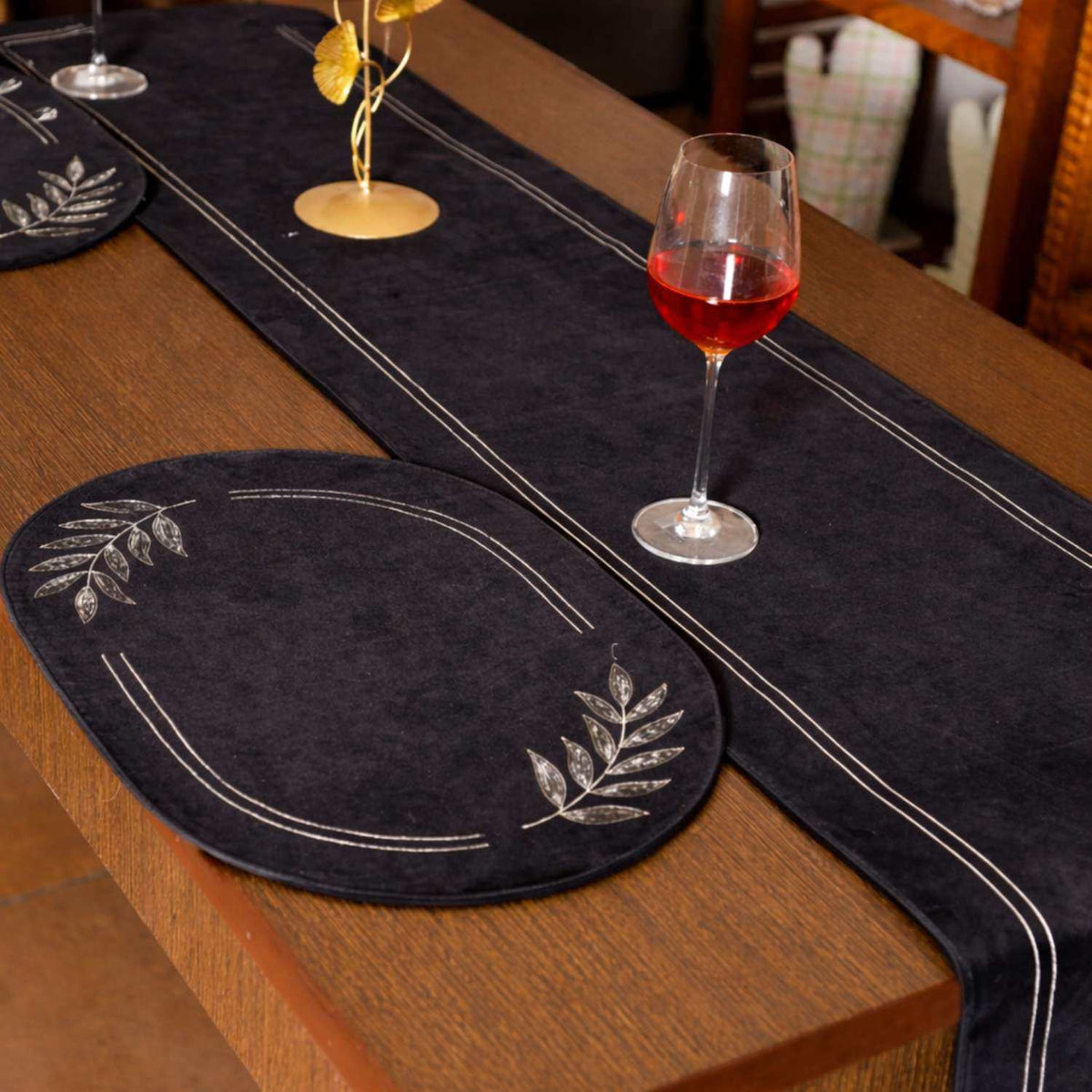 Cotton Velvet  Botanical Motif Embroidered Table Runner
