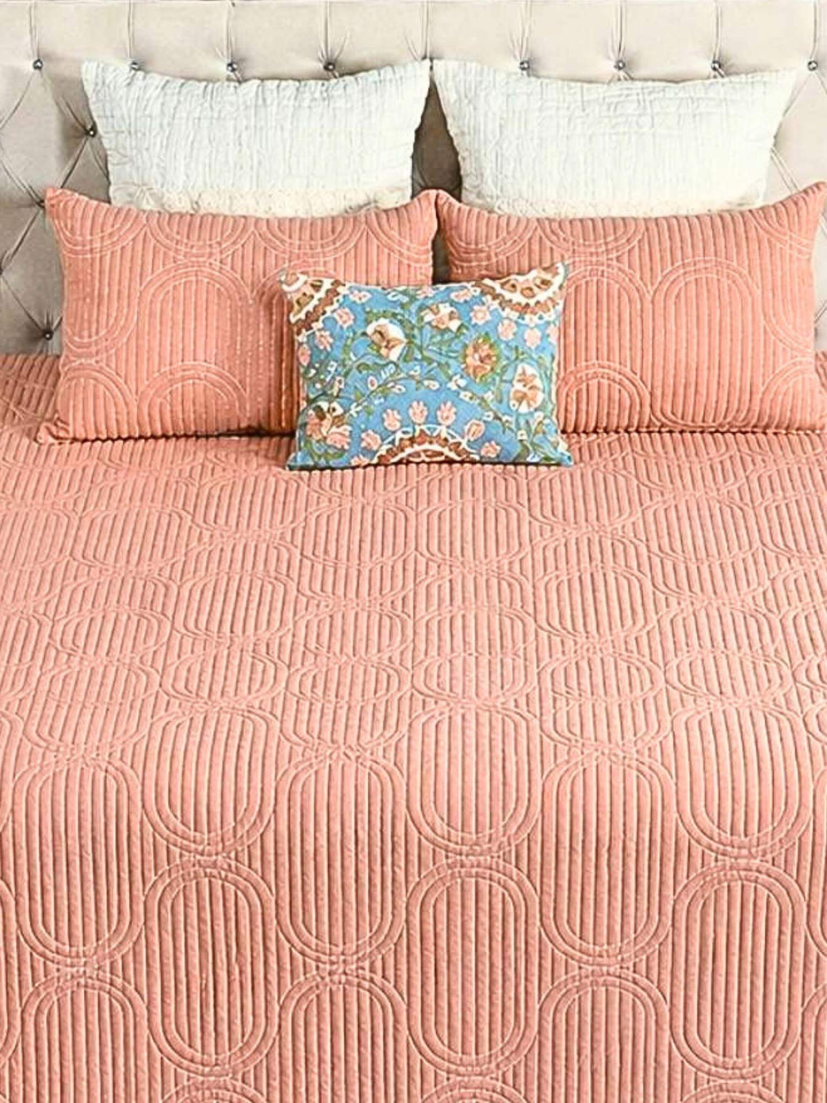 Cotton Linen Geometric Embroidered Quilt Set with Rich Cotton Backing - 2 Pillow Covers