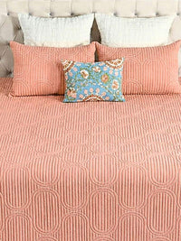 Cotton Linen Geometric Embroidered Quilt Set with Rich Cotton Backing - 2 Pillow Covers