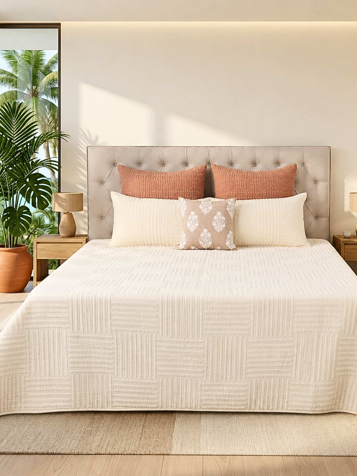 Linear Stripe Pattern Embroidered Quilted Bedspread with 2 Pillow Covers