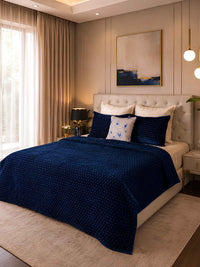 Midnight Stitch | Hand-Quilted & Hand-Embroidered Cotton Velvet Bedspread – Blue