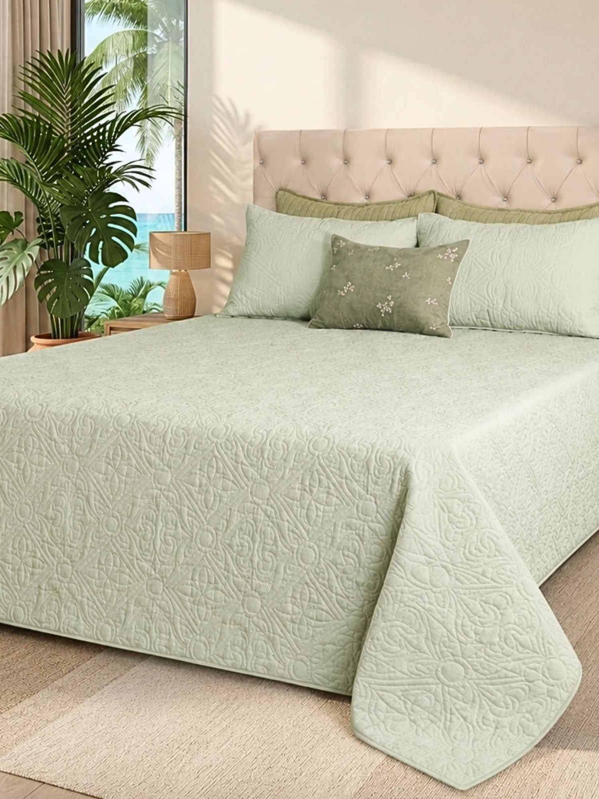 Elysian Cotton Linen Geometrical Embroidered Quilt Bedspread with 2 Pillow Covers