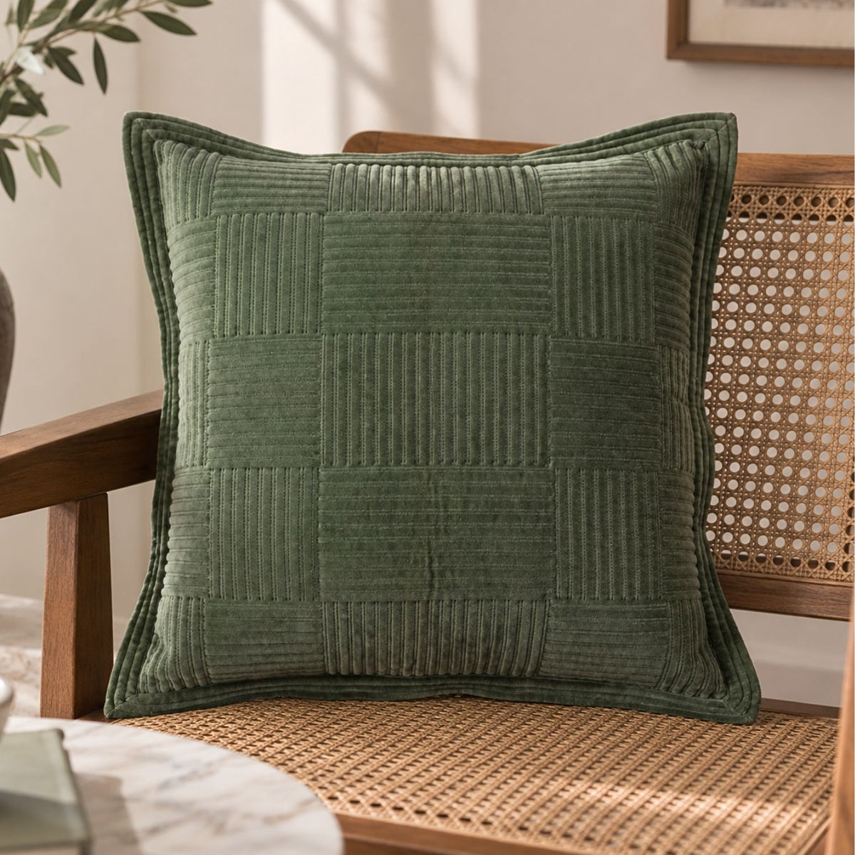 Verde Grid Textured Cotton Velvet Cushion Cover