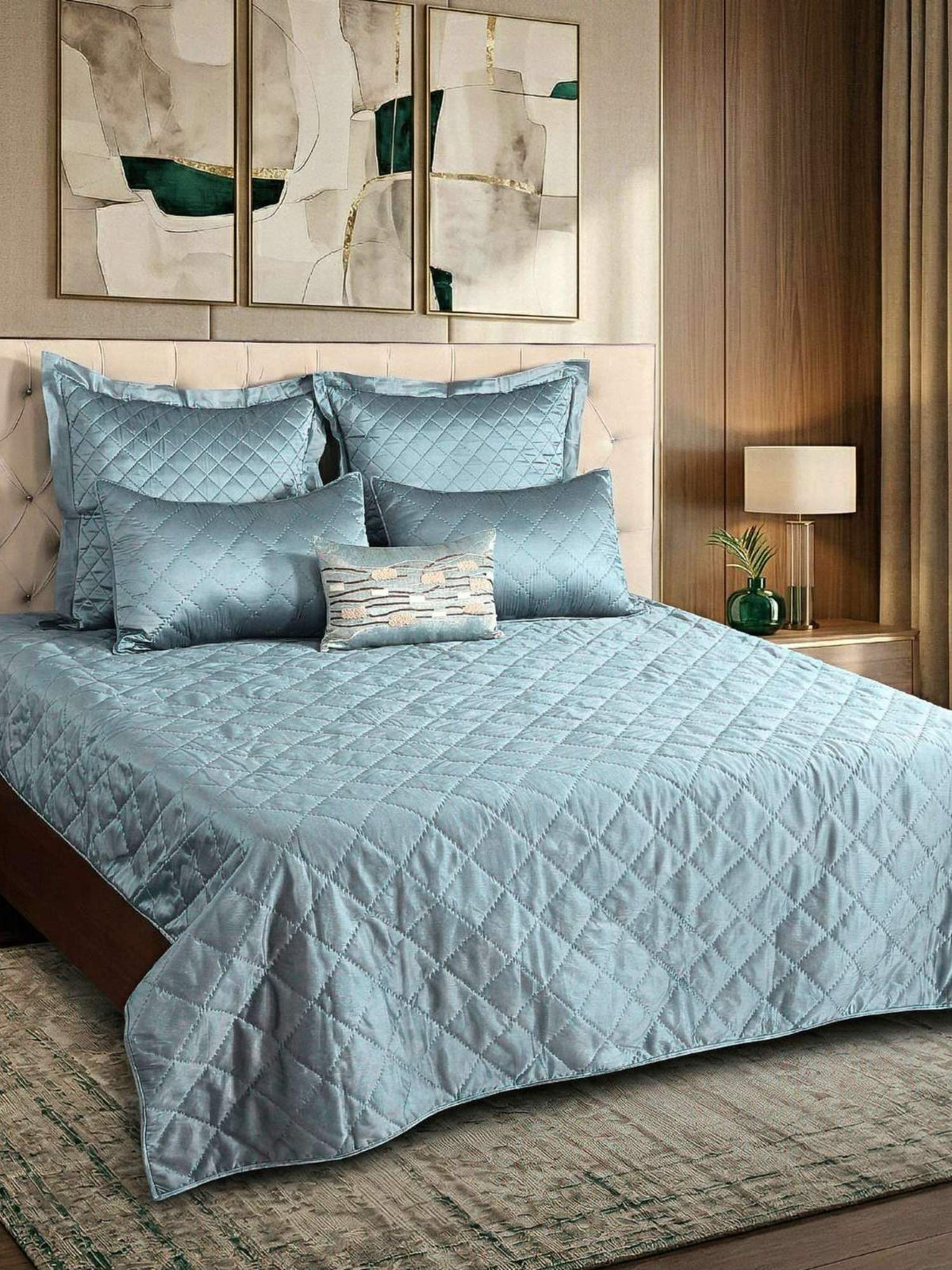 Imperial Blue Faux Silk Embroidered Bedspread with 2 Pillow Covers