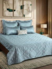 Imperial Blue Faux Silk Embroidered Bedspread with 2 Pillow Covers