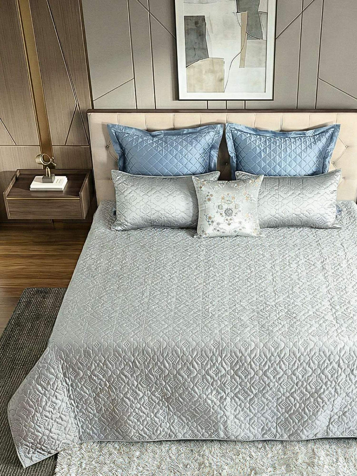 Pearl Grey Faux Silk Embroidered Bedspread with 2 Pillow Covers