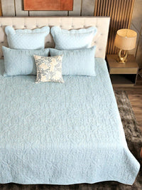 Blue Cotton Linen Geometrical Embroidered Bedspread Set with 2 Pillow Covers