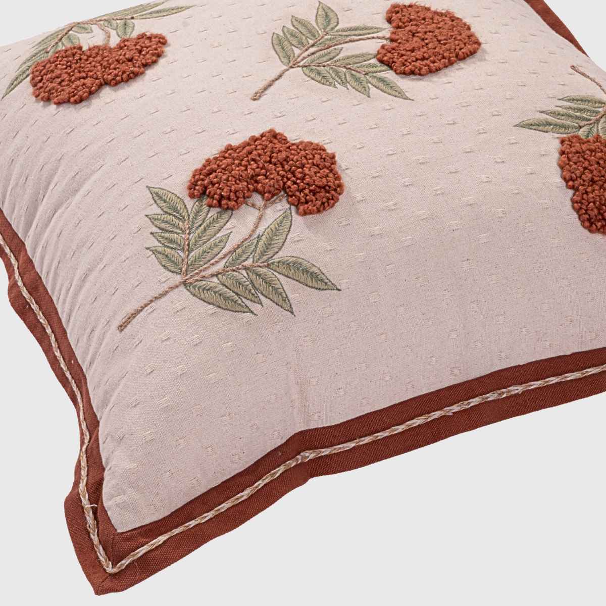 Rust Bloom Hand Embroidered Cotton Slub Cushion Cover