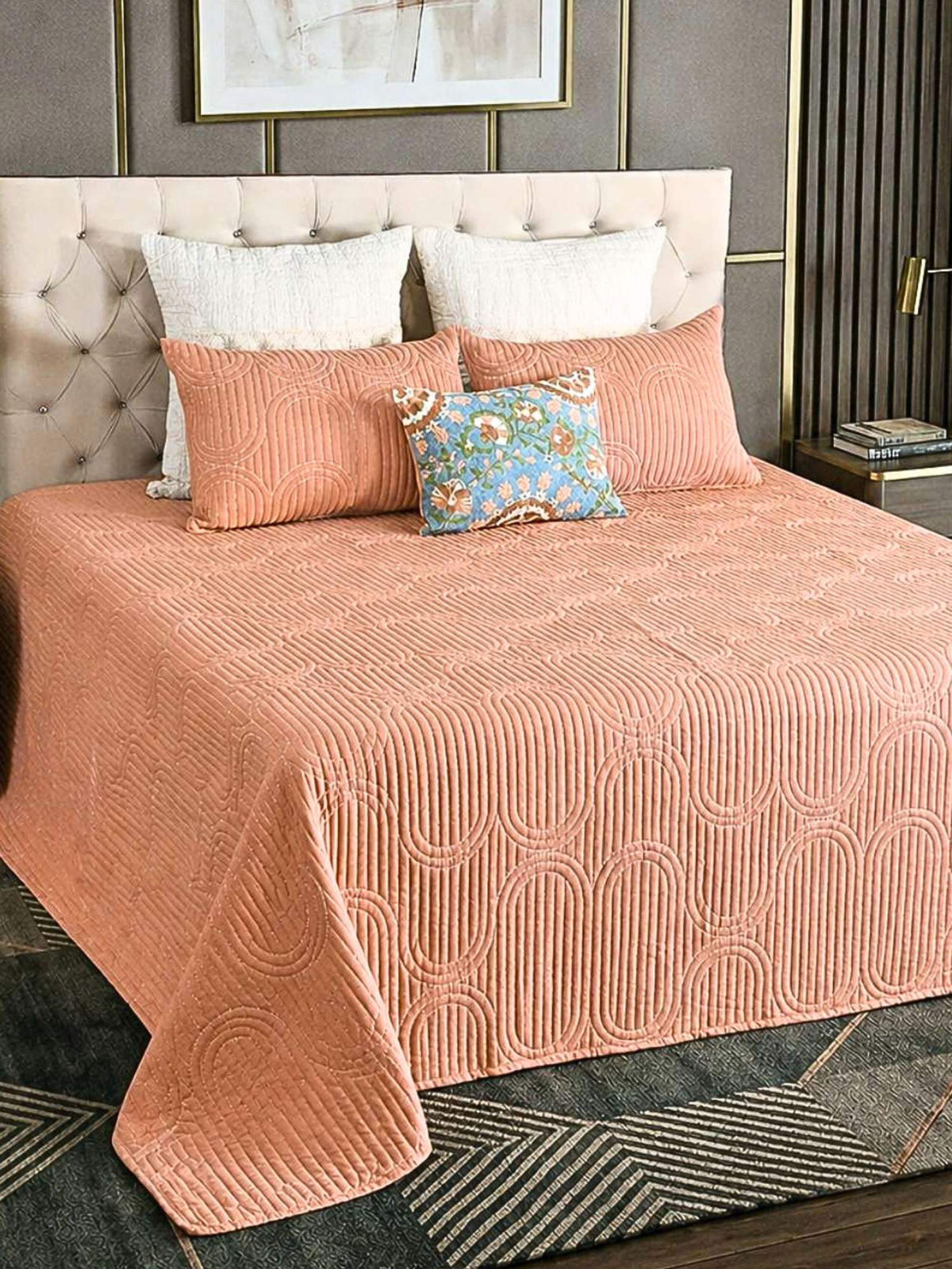 Cotton Linen Geometric Embroidered Quilt Set with Rich Cotton Backing - 2 Pillow Covers