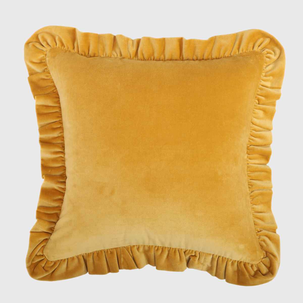 Mustard Cotton Velvet Frill Cushion Cover - 18x18 Inch