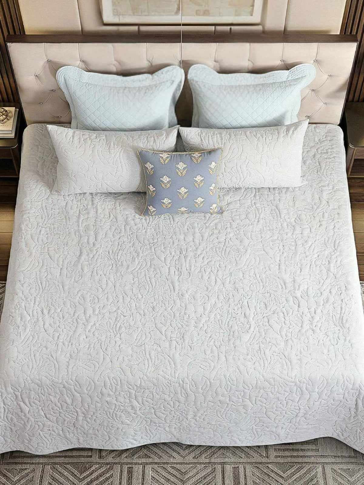 Elara Linen Embroidered Quilt Set – Heritage Grey with 2 Pillow Covers