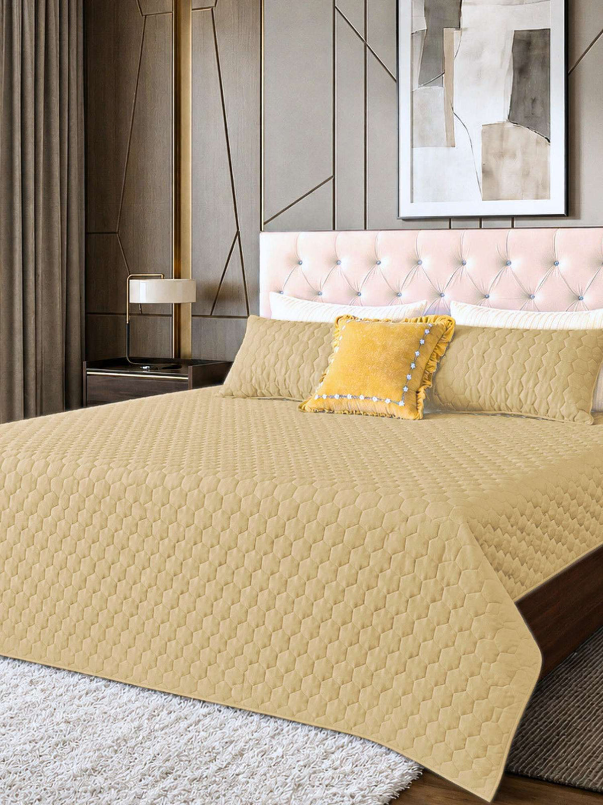 Golden Mist Hexagon Faux Silk Embroidered Bedspread with 2 Pillow Covers