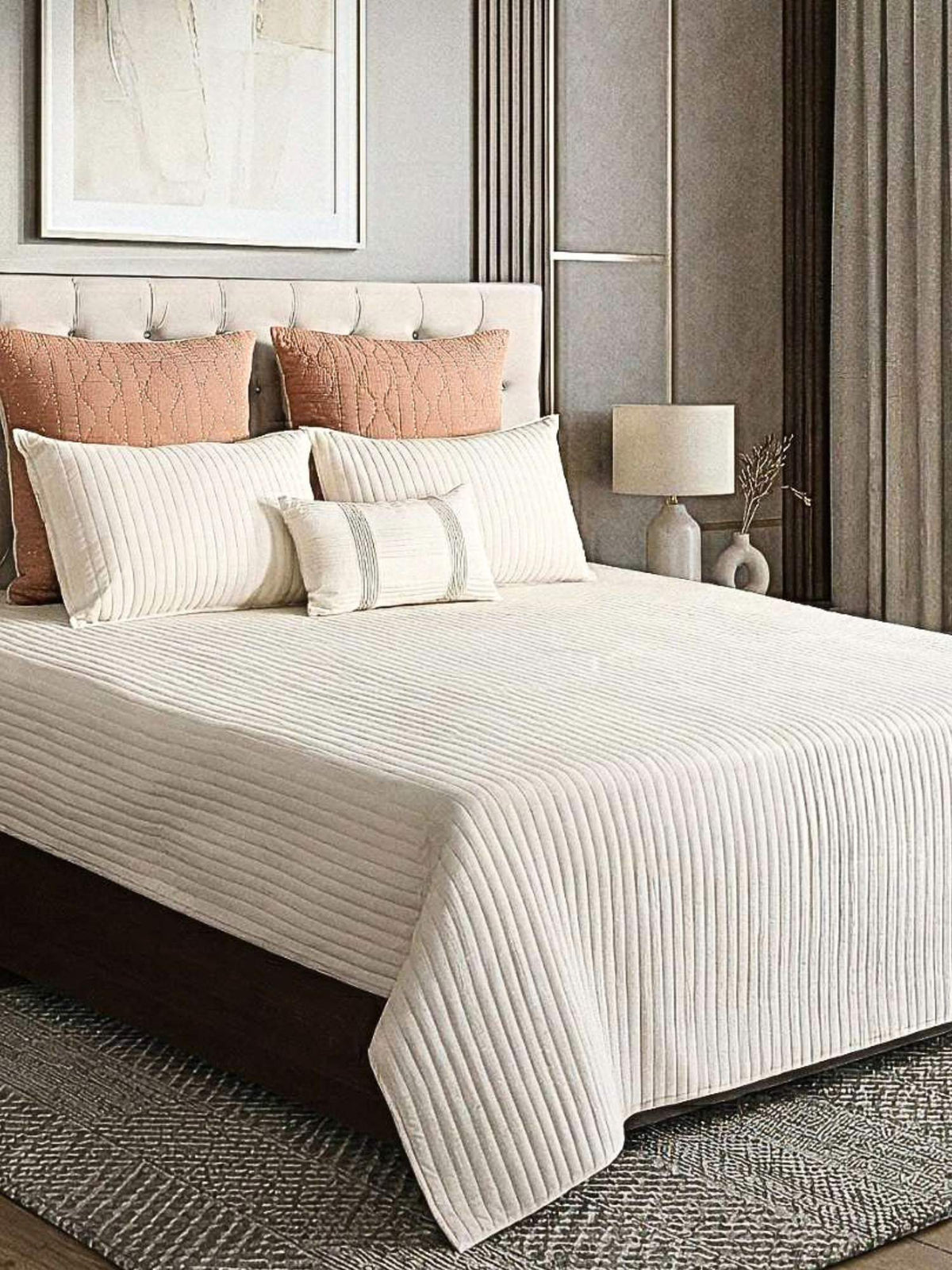 Linear Luxe Cotton Linen Embroidered Bedspread with 2 Pillow Covers