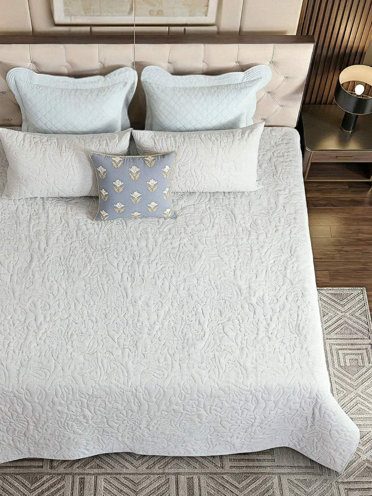 Elara Linen Embroidered Quilt Set – Heritage Grey with 2 Pillow Covers